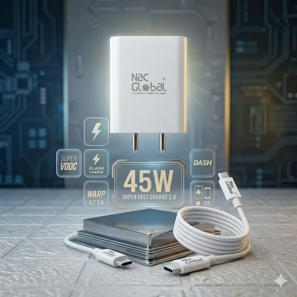 Nac Global 45W Fast Charger C to C with Cable Support VOOC, Dash, Flash Charge