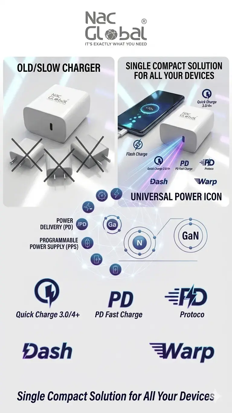Thumbnail: Nac Global 45W Fast Charger C to C with Cable Support VOOC, Dash, Flash Charge