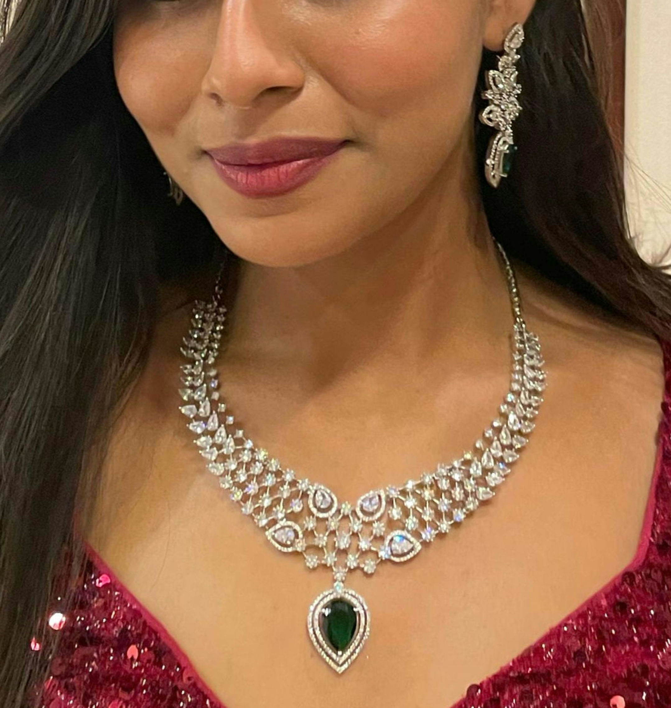 Bridal Emerald Green Necklace Set (Silver polish)