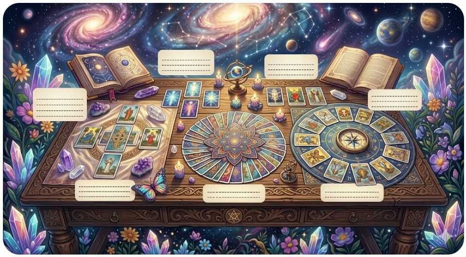 Tarot cards on a wooden table with crystals, candles, books, and a butterfly. Cosmic galaxy background with colorful flowers and planets.
