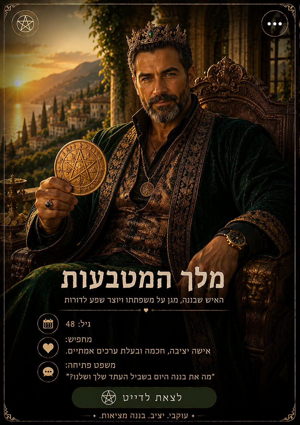 קלף מלך המטבעות עם דמות גבר על כס מלכות בטארוט אהבה