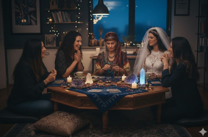 נשים יושבות סביב שולחן לקריאת קלפי טארוט וקריסטלים.