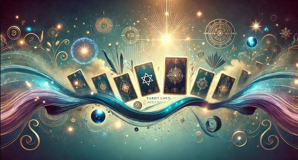 קלפי טארוט וסמלים מיסטיים על רקע קוסמי מנצנץ