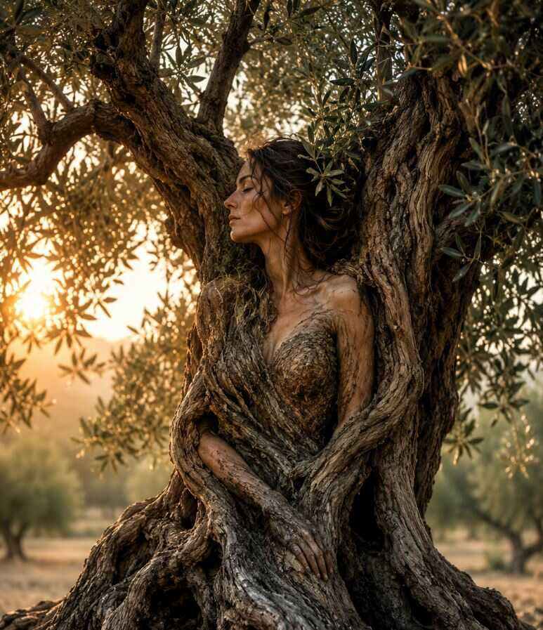 אישה שגופה נראה כחלק מגזע עץ ישנה ליד עץ זית בזריחה, באווירה טבעית ושקטה בענפי מטע ירוקים