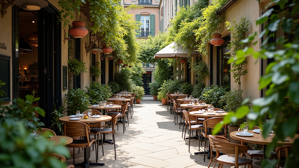 Vue à hauteur d'œil d'une terrasse de restaurant entourée de plantes vertes et de petites tables rondes