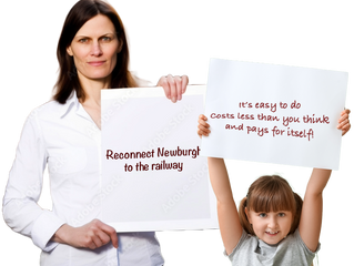 Mother and child holding up signs asking for a rail station