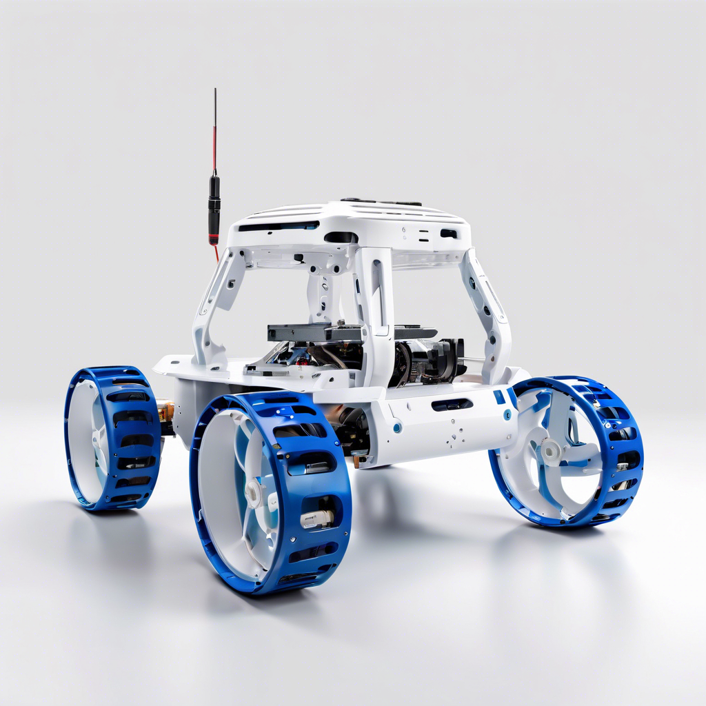 Rover robótico blanco con ruedas azules