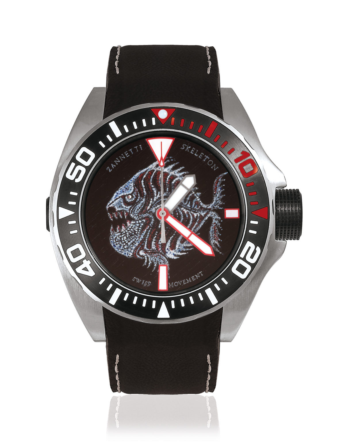 Zannetti Scuba Art – Black Piranha Skeleton – Natural Wood Dial 2 verschiedene M