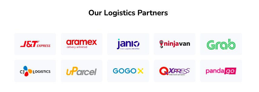 Standard and Express delivery share the same courier partners: J&T Express, Ninja Van, Janio, Aramex, CJ Logistics, Qxpress, and iRush Services. Same day delivery's courier partners are GOGOX, GrabExpress, pandago, and uParcel.