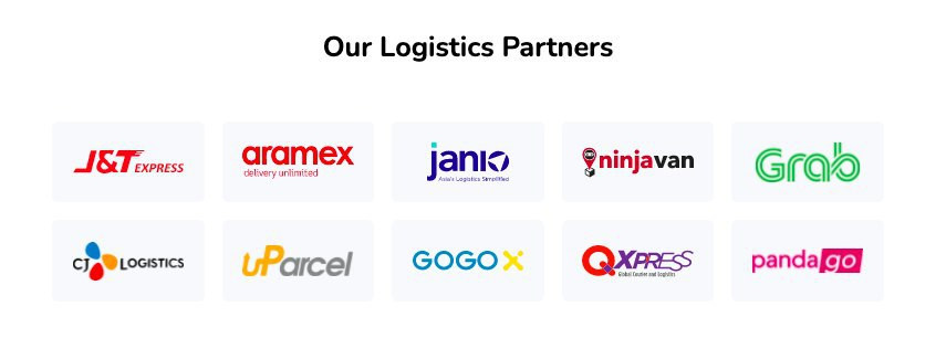 Standard and Express delivery share the same courier partners: J&T Express, Ninja Van, Janio, Aramex, CJ Logistics, Qxpress, and iRush Services. Same day delivery's courier partners are GOGOX, GrabExpress, pandago, and uParcel.