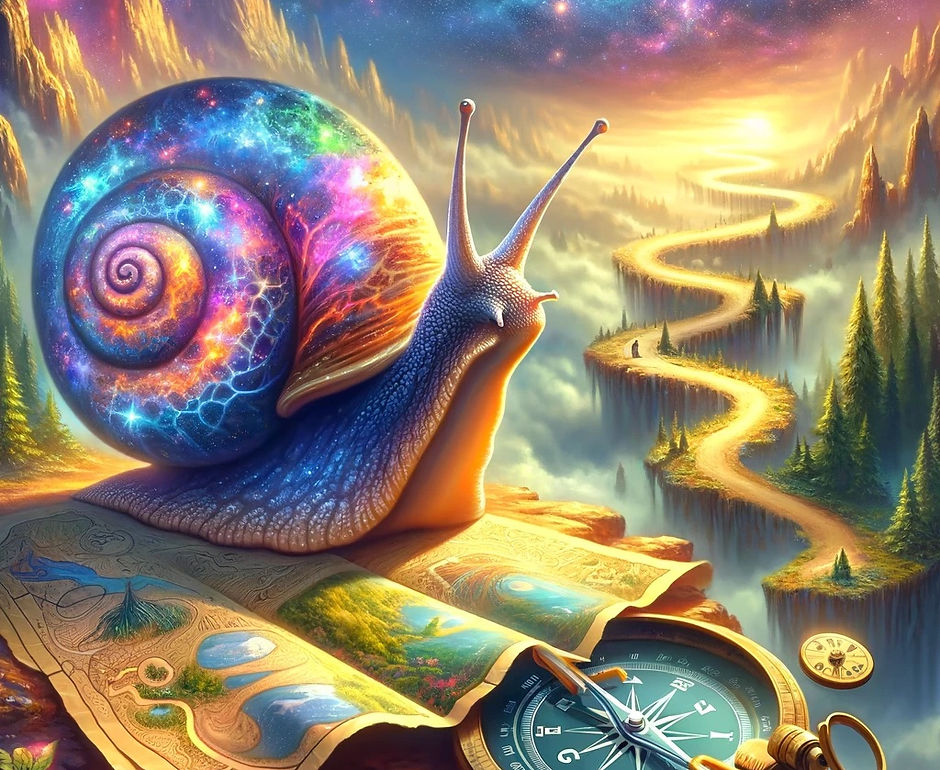 DALL·E 2024-05-01 19.35.23 - Create an image of a cosmic snail using a compass and a map, 