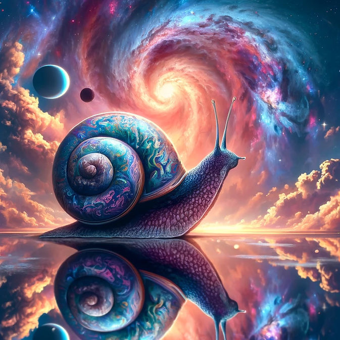 DALL·E 2024-04-03 21.29.55 - A digital illustration of a majestic cosmic snail in a reflec