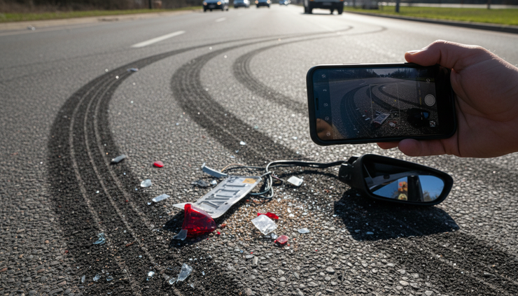 Close-up view of a hand taking a photo of skid marks on pavement after a vehicle collision.