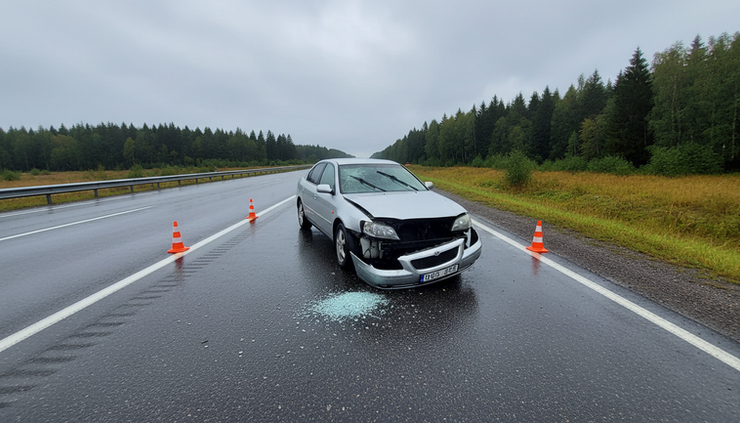 Wide-angle view of a damaged sedan beside a quiet roadside after a car wreck.