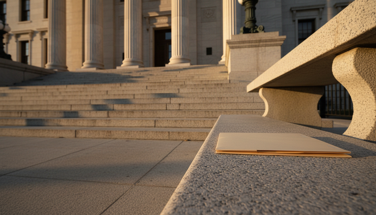 Low-angle view of courthouse steps with a small folder resting on a bench nearby.