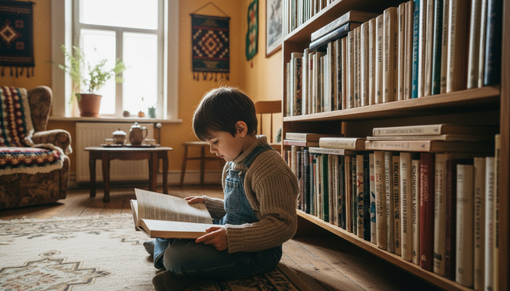 Eye-level view of a child reading beside a shelf of cultural history books in a small community room.