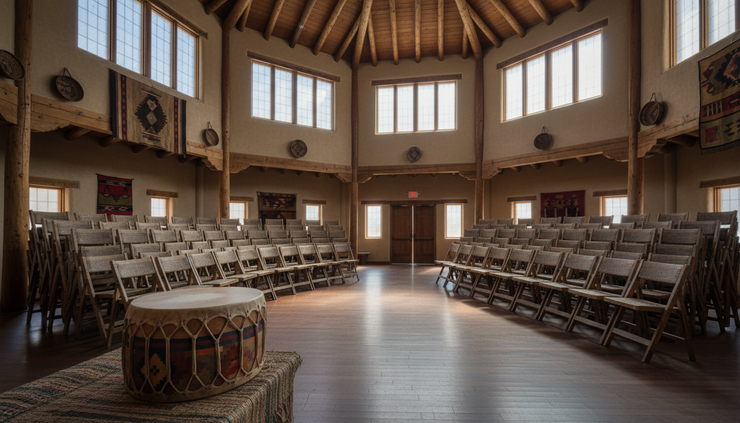 Wide-angle view of a drum and folded chairs inside a quiet community gathering space.
