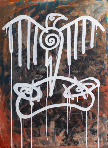 Abstract art with white lines, unique symbols, curves and straight lines on a background with earthy colors and blue details, creating a modern and expressive composition.