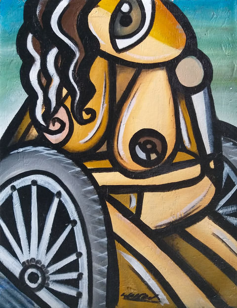 Modern art of a woman with one eye, brown curly hair with head tilted to the left, with yellowish colors in a wheelchair, in an artistic and colorful painting style.