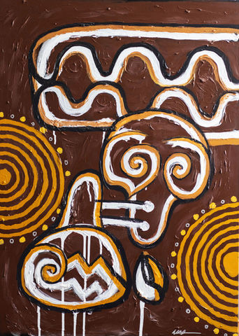 Abstract art with warm colors, symbols, circular shapes and wavy lines, highlighting geometric elements and a palette of brown, yellow and white