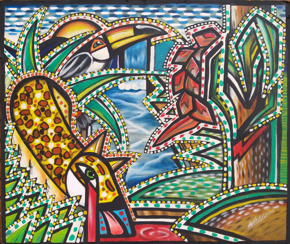 Vibrant art painting with a painted jaguar, a toucan, flora and fauna, displaying bright colors and striking details, creating modern art.