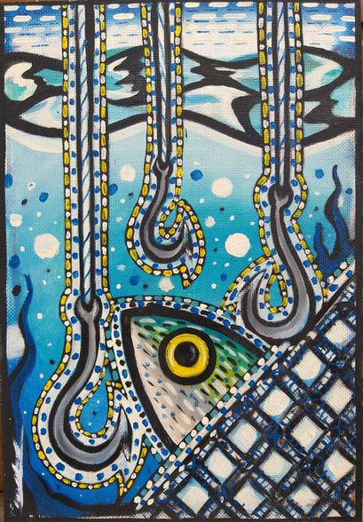 Abstract art with three hooks, shapes that simulate waves of water and circles that simulate air bubbles, crossed lines like a fish net, a fish head with a vibrant yellow and black eye, and design elements with vibrant colors and complex details, creating a fishing composition.