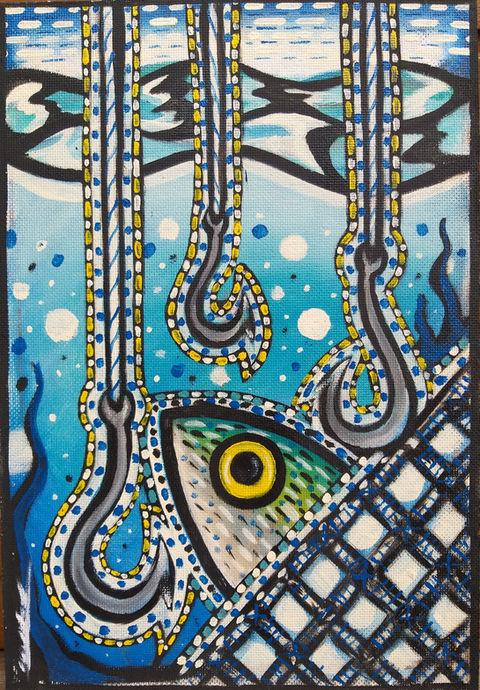 Abstract art with three hooks, shapes that simulate waves of water and circles that simulate air bubbles, crossed lines like a fish net, a fish head with a vibrant yellow and black eye, and design elements with vibrant colors and complex details, creating a fishing composition.
