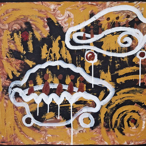 abstract painting with two large shapes of shells and silhouettes of people inside the shells with yellow ochre, burnt earth, black and white colors.