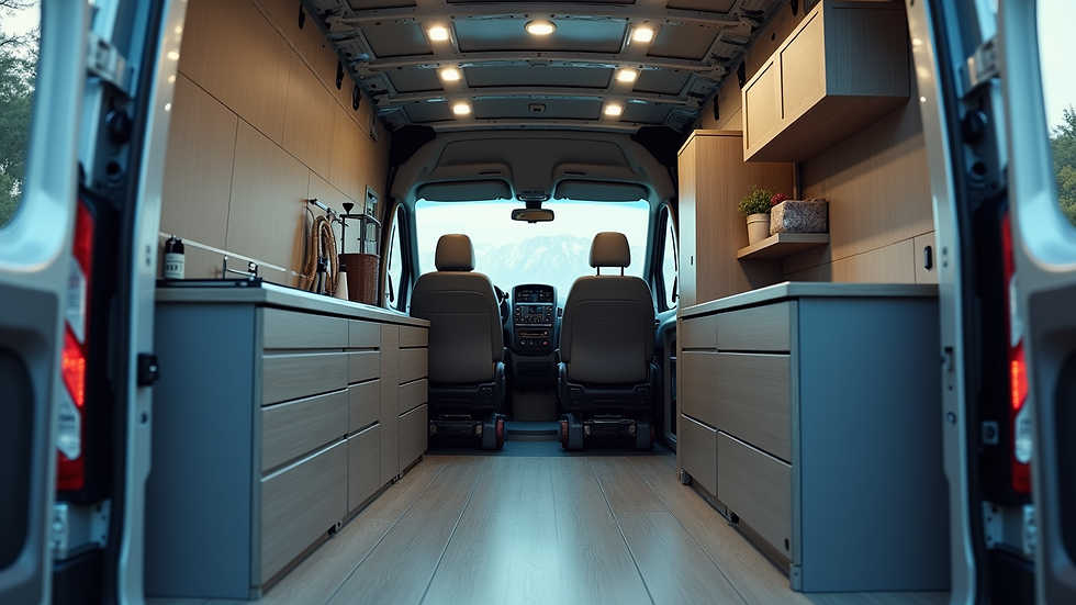 High angle view of a well-organized HVAC van interior with custom storage units