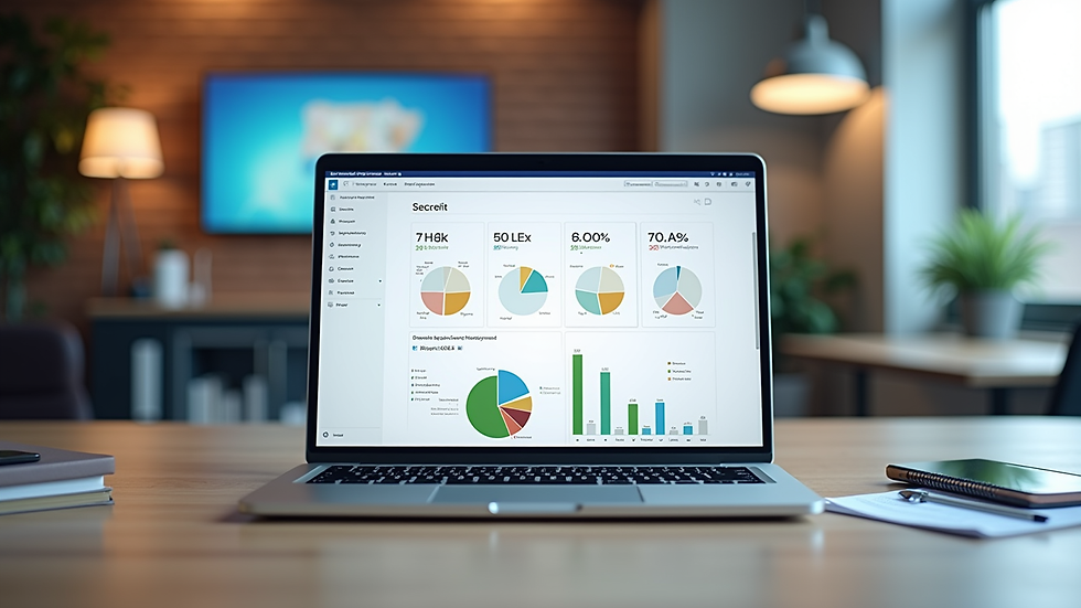 Eye-level view of a modern office desk with a laptop showing SAP Business One dashboard