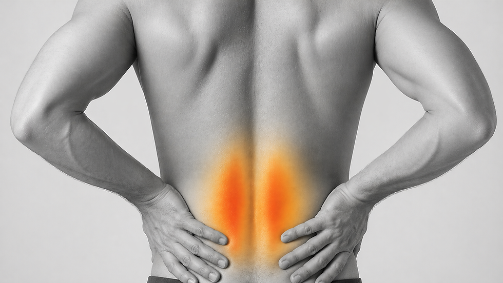 Grayscale image of a person's lower back from behind with a deep terracotta orange glow concentrated along the lumbar facet joints indicating the treatment area for radiofrequency rhizotomy