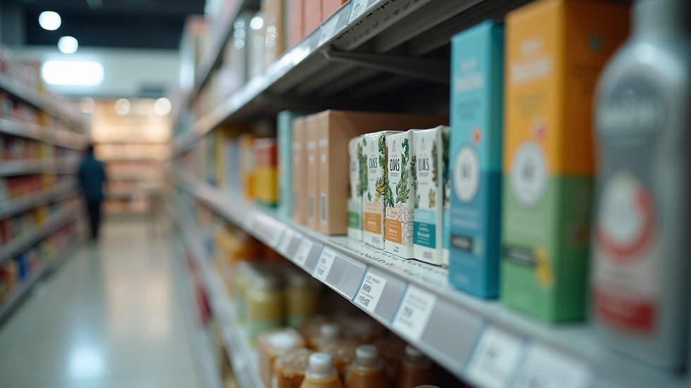 Close-up view of a branded product packaging on a store shelf