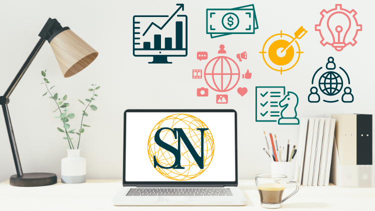 Sav's Digi-Marketing Logo on computer with various business symbols