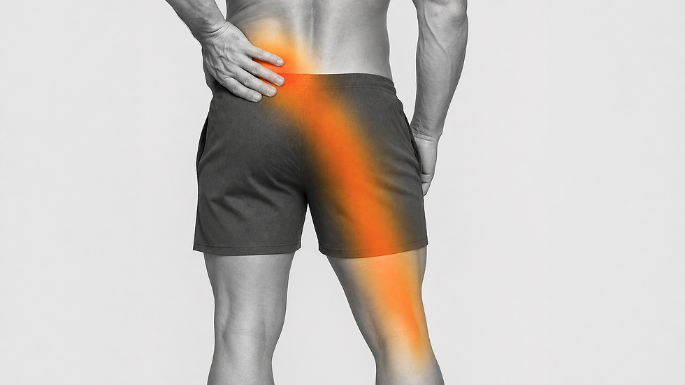 Grayscale image of a person's lower back and right leg from behind with a warm orange glow originating at the lumbar spine and tracing down the leg indicating nerve root pain