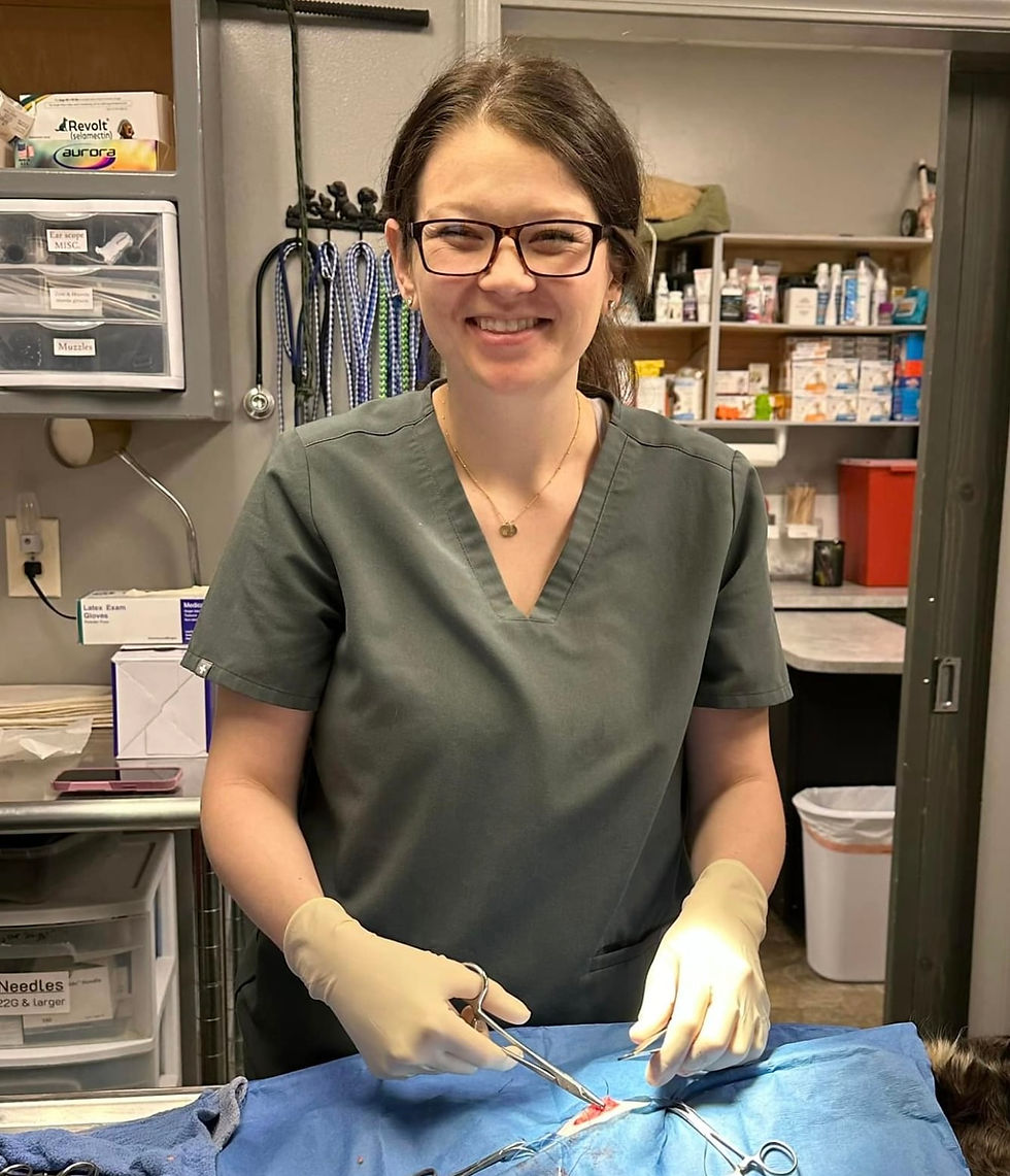 Smiling veterinarian in scrubs performing surgery.
