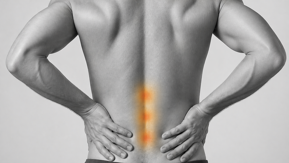 Grayscale image of a person's lower back from behind with small concentrated warm orange glows at specific lumbar disc levels indicating targeted disc pain