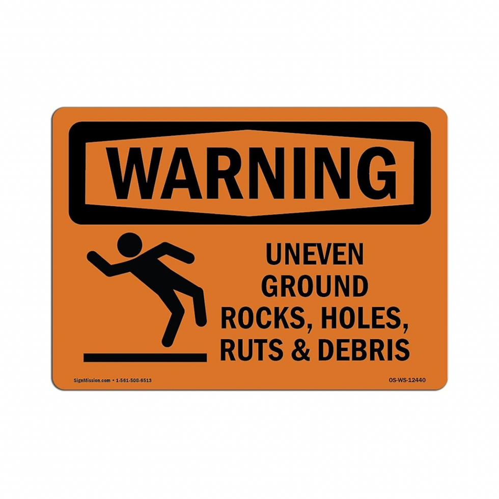 OSHA Waring Sign - Uneven Ground Rocks, Holes, with Symbol | Aluminum Sign