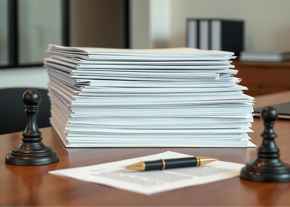 modern professional Ontario paralegal office table stack of legal documents folders closed