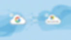 Zwei Wolken mit Logos von Google und Microsoft 365 sind durch Pfeile verbunden. Hellblauer Hintergrund mit Symbolen und Linien.