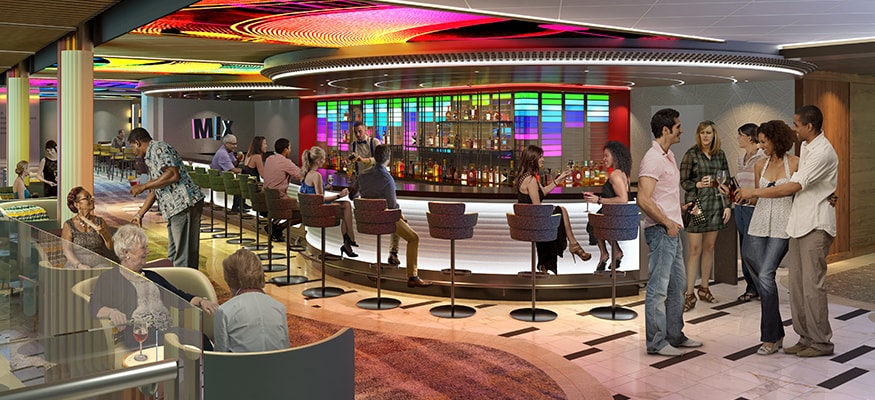 Carnival Cruise Line modern onboard bar and lounge featuring colorful LED lighting, central circular bar, and social nightlife atmosphere aboard a fun-focused Carnival cruise ship.