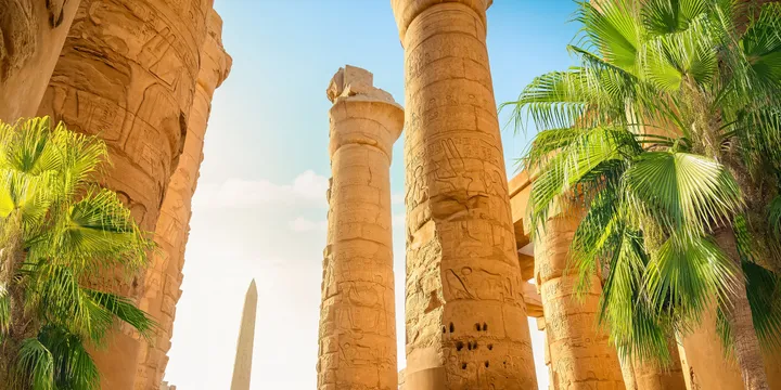 Ancient Egyptian temple columns carved with hieroglyphics and surrounded by palm trees under a bright blue sky, showcasing historic architecture and cultural landmarks commonly visited during Viking river cruises along the Nile in Egypt.