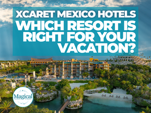 Hotel Xcaret Mexico aerial view with tropical lagoon, beachfront, and resort buildings, featuring overlay text “Xcaret Mexico Hotels Which Resort Is Right for Your Vacation,” highlighting all-inclusive luxury, eco-integrated design, and Mexico vacation planning.