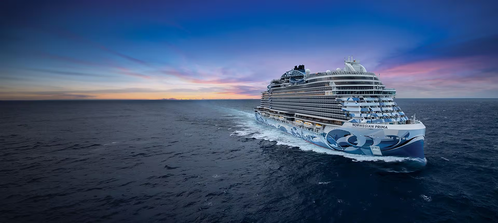Wide-angle ocean view of a Norwegian Cruise Line ship sailing forward at sunset, with a colorful sky reflecting over open water and the ship’s illuminated decks creating a dramatic horizon scene. Featured by Brandi Parker, Certified Cruise Specialist, specializing in Norwegian Cruise Line vacations and expertly curated NCL sailings designed for travelers seeking flexible itineraries, immersive destinations, and value-rich cruise experiences.