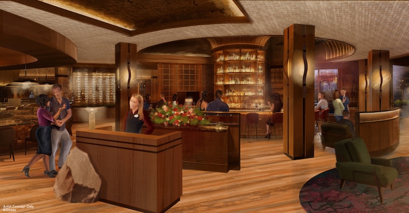 Disneyland Napa Rose restaurant interior concept showing an elegant fine dining space with warm wood finishes, wine displays, host stand, and guests enjoying upscale Michelin-recognized dining at Disneyland Resort.