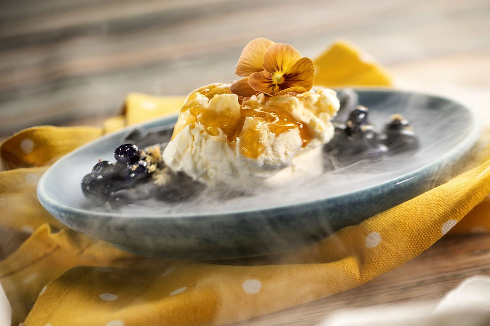Liquid nitrogen honey-mascarpone cheesecake dessert with caramel drizzle, blueberries, and edible flower garnish served on a chilled plate at the EPCOT International Flower & Garden Festival 2026, one of the unique festival treats highlighted by Disney travel expert Brandi Parker to help families plan the best Walt Disney World foodie experiences.