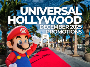 “Universal Studios Hollywood December 2025 promotions graphic featuring Super Mario waving on a red carpet leading to the Universal Studios Hollywood entrance, surrounded by palm trees and a bright blue sky. Promotional theme highlights Universal Hollywood vacation deals and Super Nintendo World travel planning.”