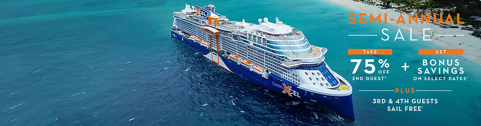 Celebrity Xcel cruise ship sailing through tropical waters promoting the Celebrity Cruises Semi-Annual Sale with 75% off the second guest, bonus savings on select dates, and free sailing for third and fourth guests.