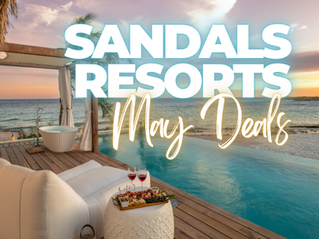All‑inclusive Sandals Resorts infinity pool suite at sunset with ocean views, outdoor soaking tub, champagne and dessert tray on private deck, promoting Sandals Resorts May deals and special offers.