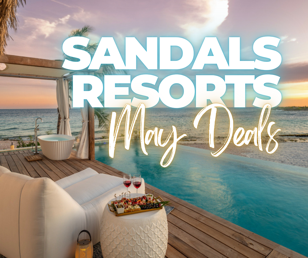 All‑inclusive Sandals Resorts infinity pool suite at sunset with ocean views, outdoor soaking tub, champagne and dessert tray on private deck, promoting Sandals Resorts May deals and special offers.