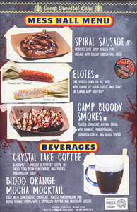 Halloween Horror Nights food booth menu featuring themed items like spiral sausage, elote, and specialty beverages at Universal Orlando.